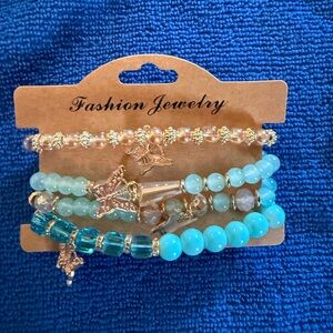 Fashion Jewelry Aqua and Gold Mixed Bead Bracelet Stack